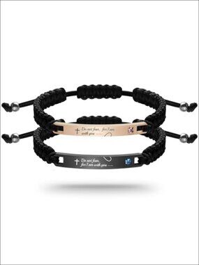 Stainless Steel Engraved Braided Rope Bracelet 2pc Set Adjustable Couple